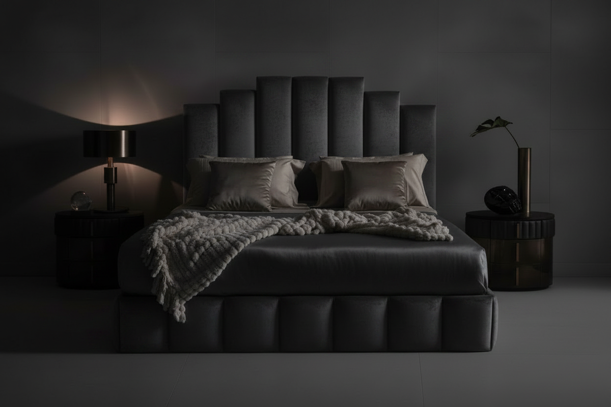 The Noir Column Bed – Charcoal Grey v3
